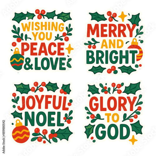 Christmas greetings flat icon set. featuring peace love, merry bright, joyful noel, glory to god symbols
