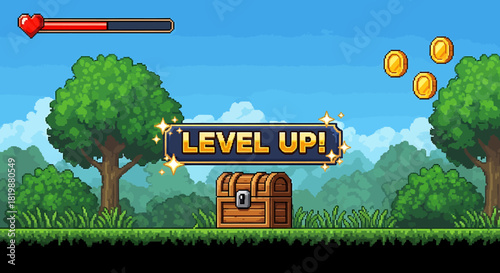 A colorful pixel art scene from a retro video game celebrating a level up achievement with a treasure chest and golden coins