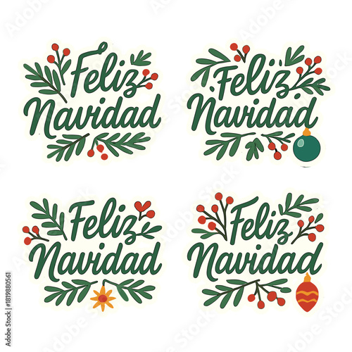 Christmas greeting flat icon set. featuring feliz navidad, holly, ornaments, and festive decoration symbols