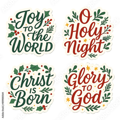 Christmas greeting silhouette icon set. featuring joy, holy night, christ, and glory symbols