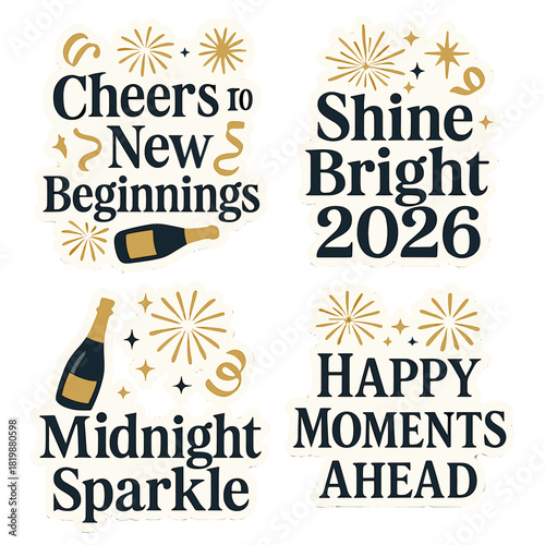 New year celebration flat icons set. featuring cheers, shine bright, midnight sparkle, and happy moments