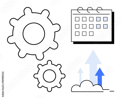 Gears indicating productivity, a calendar suggesting planning, and arrows symbolizing growth and progress. Ideal for planning, organization, productivity, growth, workflow, deadlines teamwork