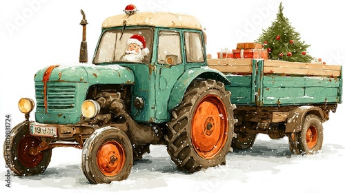 Santa Claus drives a green tractor with a trailer carrying gifts and tree.