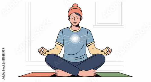 Person sitting in a lotus position on a yoga mat, focusing on meditation with a visible glowing center of spiritual energy and peace.