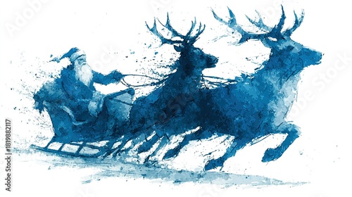 Santa Claus in a sleigh pulled by reindeers illustration on white background.