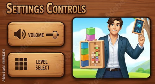 Interactive mobile game interface settings, volume, level select, and a man presenting a colorful brain-training block puzzle for strategy
