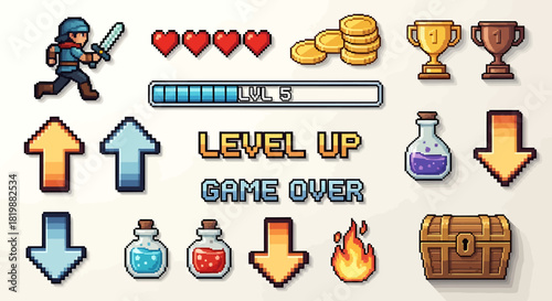 Vibrant pixel art assets for retro video games, featuring a fantasy warrior, health, currency, level progression, UI elements, and magical adventure items for classic games