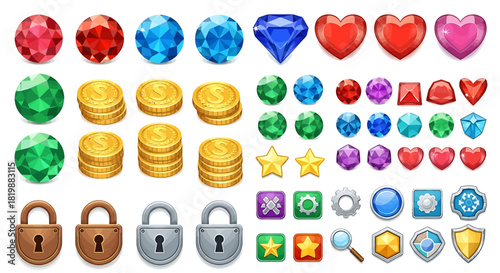 Vector illustration set of glossy game icons including precious jewels, treasure coins, medieval locks, and fantasy UI elements for app development
