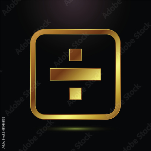 Division Sign Symbol in Golden Square Frame on Black Background