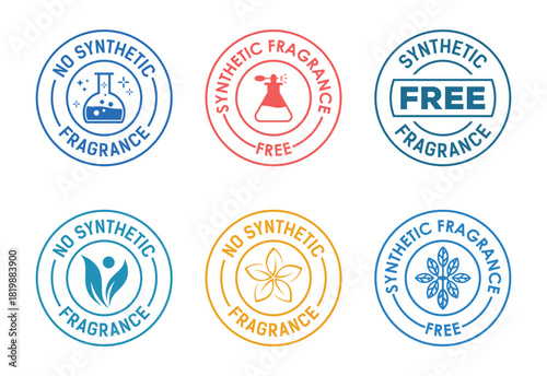 No synthetic fragrance stamp with flask icon in blue color isolated on white