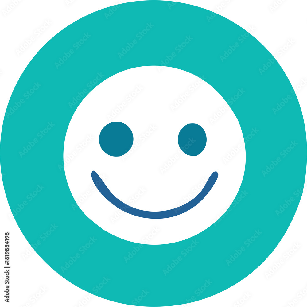 Fototapeta premium Teal Circle Target Icon With Smiling Face Inside And Blue Outline On White Background Minimalist Graphic Design Symbol Of Happiness And Positivity