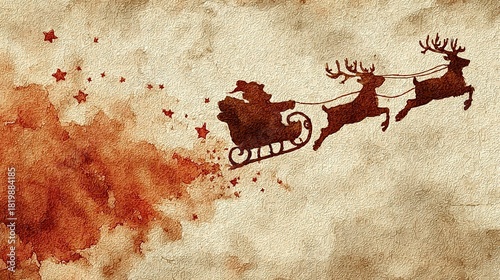 Santa claus in sleigh with reindeer flying across a textured background.