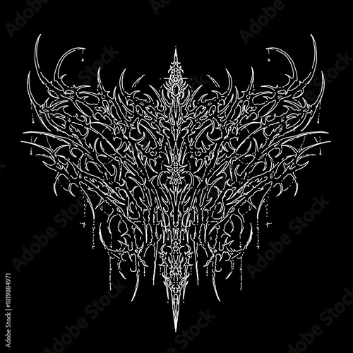 Intricate neotribal metal sigil with sharp symmetrical lines, dark aesthetic for t-shirt, sticker, merch, or album art