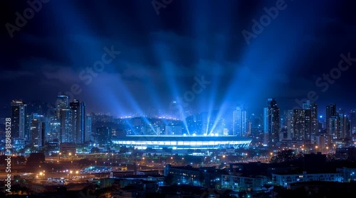 Wallpaper Mural Nighttime view of illuminated stadium and cityscape with blue spotlights Torontodigital.ca