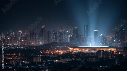 Illuminated stadium with light beams in a cityscape at night time view