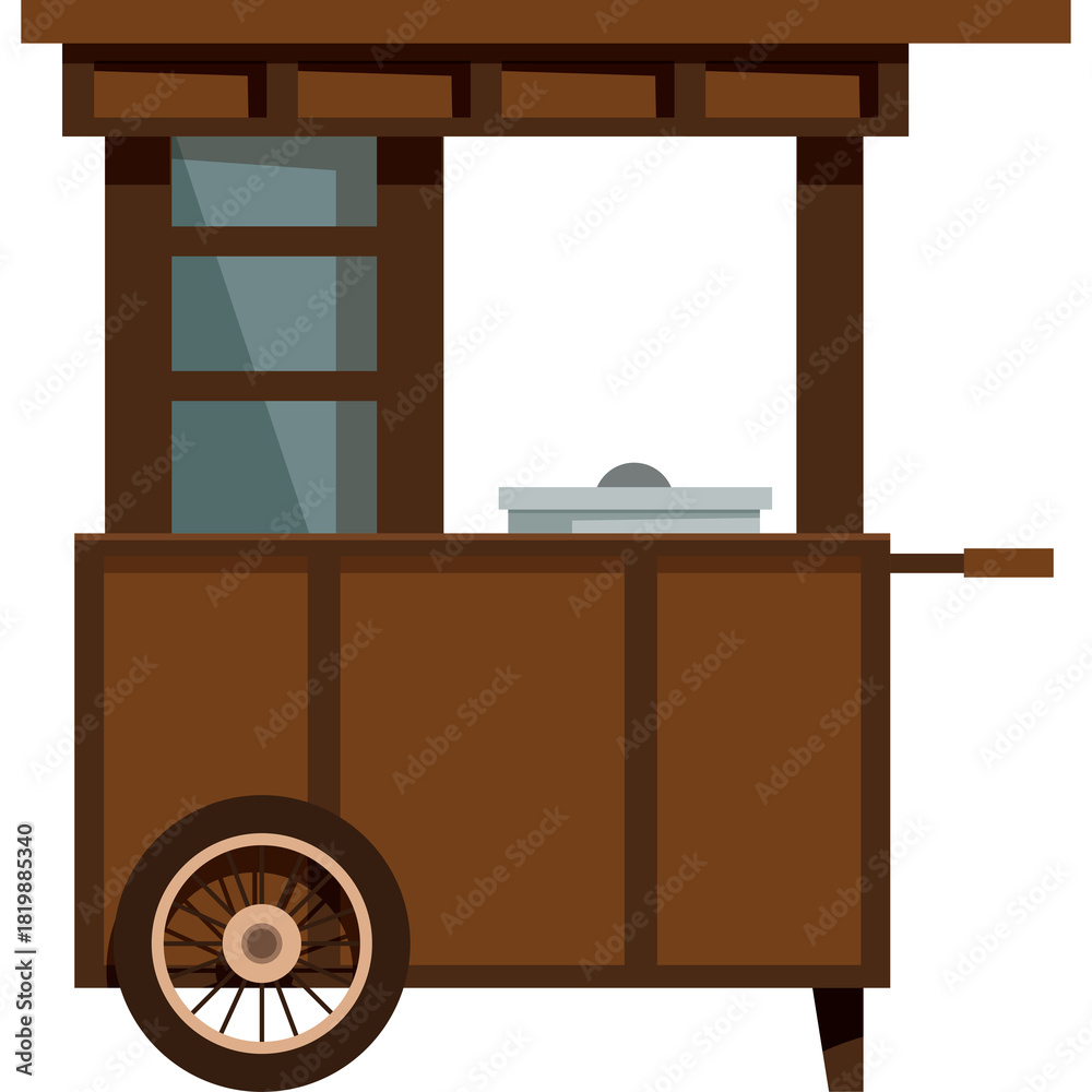Fototapeta premium Rustic Wooden Food Cart with Wheels and Serving Window Detailed Illustration Outdoor Vendor Stall Brown and Grey Tones Simple Clean Design