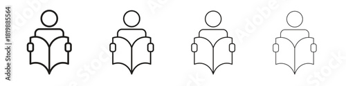 Book open reader icon set. A collection of simple black thin strokes icons