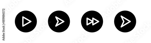Play and fast-forward icons in black circles, arrow icons, video audio player buttons, web media interface play sign, vector illustration.