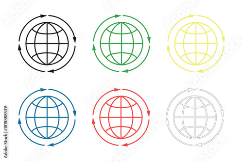 Colorful globe icons with rotation arrows and grid lines representing global connectivity