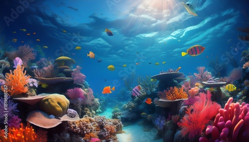 underwater coral reef landscape wide panorama background in the deep blue ocean with colorful fish and marine life