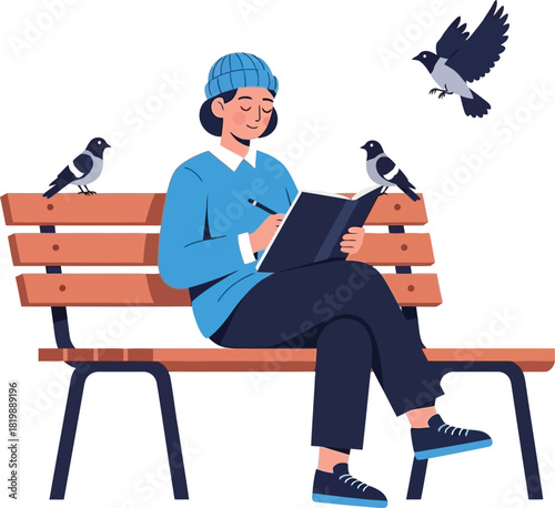 Woman Sketching in Park: Creative Person Enjoying Peaceful Outdoor Relaxation on Bench
