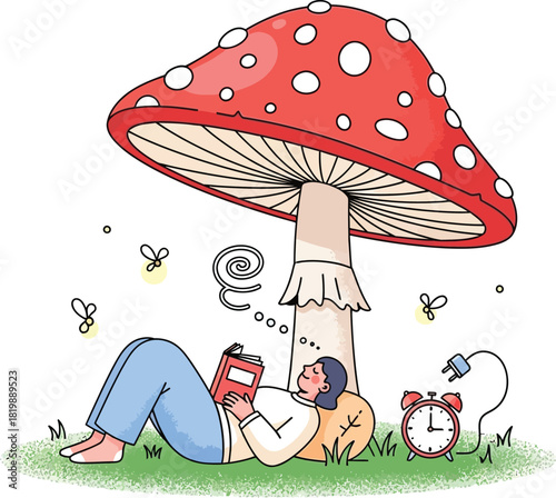 Escapist Relaxation with a Person Reading a Book Under a Fantasy Mushroom