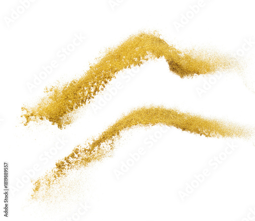 Gold metallic glitter sparkle explosion in air. Golden Glitter sand spark blink celebrate Chinese new year, fly throw gold glitters particle. White background isolated, selective focus Blur bokeh