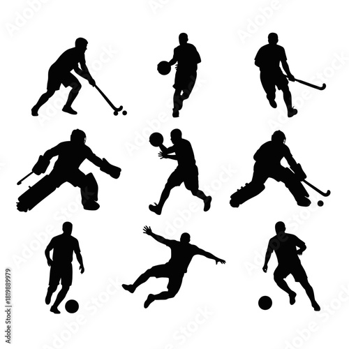 Collection of sports player silhouettes hockey basketball soccer and goalkeeper