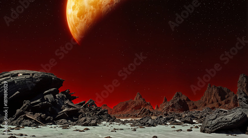 a red planet and  landscape with moon