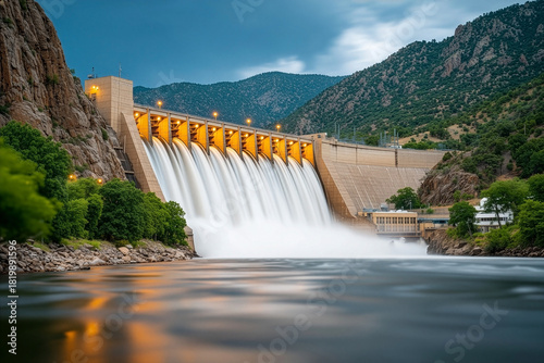 Large hydroelectric power station at night with strong water flow illuminated by warm artificial lighting