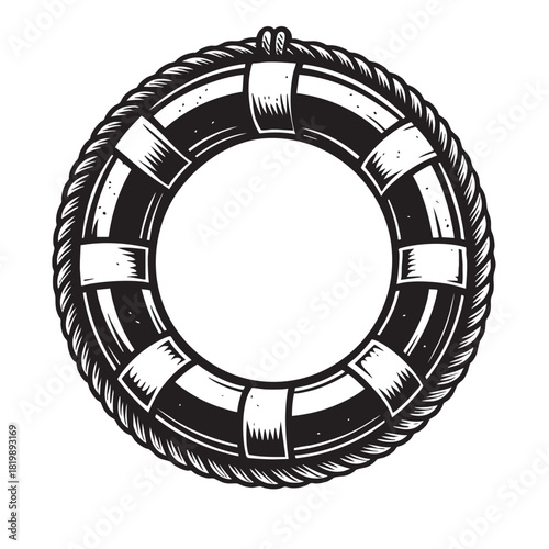 Nautical vintage engraving of a classic lifebuoy or life preserver ring wrapped in rope detail.