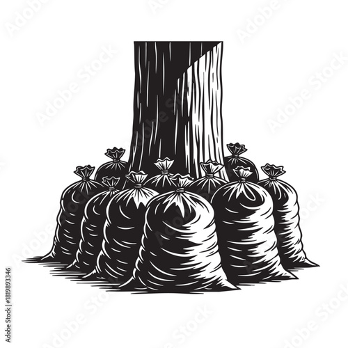 Stack of tightly tied garbage bags piled up around a large, rough tree stump, drawn in a vintage woodcut style.