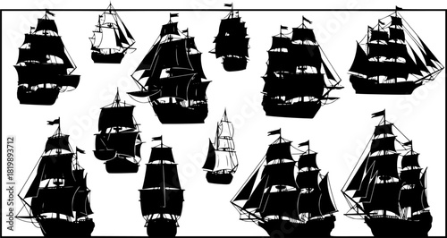 Old ship silhouette, Pirate ship vector, Ship silhouette, Sailing ship silhouette, Old ship