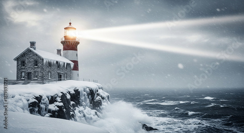 Old snow-covered lighthouse stands firm against stormy winter coast with bright beam of light guiding the way