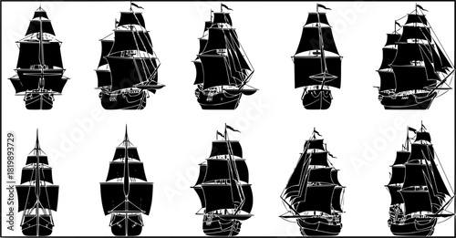 Old ship silhouette, Pirate ship vector, Ship silhouette, Sailing ship silhouette, Old ship