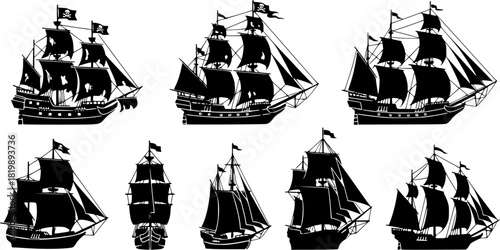 Old ship silhouette, Pirate ship vector, Ship silhouette, Sailing ship silhouette, Old ship