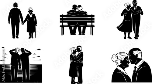 Elderly couple silhouette, Old couple silhouettes, Couple silhouette, Romantic couple vector, Couple