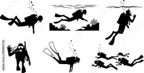Scuba diving silhouettes, Diver silhouette, Scuba diving vector, Scuba diver, Free diving silhouette, Scuba diving