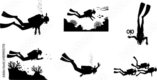 Scuba diving silhouettes, Diver silhouette, Scuba diving vector, Scuba diver, Free diving silhouette, Scuba diving