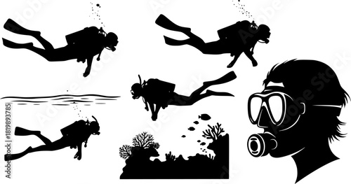 Scuba diving silhouettes, Diver silhouette, Scuba diving vector, Scuba diver, Free diving silhouette, Scuba diving
