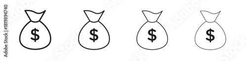 Money bag icon set. A collection of simple black thin strokes icons