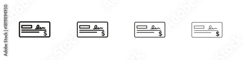 Money check icon set. A collection of simple black thin strokes icons
