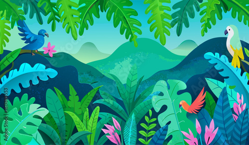 Vibrant Tropical Rainforest Scene with Exotic Birds and Lush Foliage