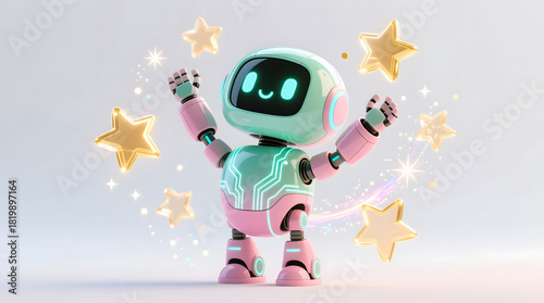 Cute robot celebrating a fitness achievement with glowing stars and a victory pose.