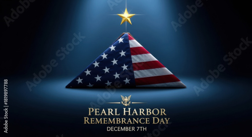 Folded American flag with a gleaming golden star Commemorating Pearl Harbor Remembrance Day on December 7th. A patriotic tribute to military history.