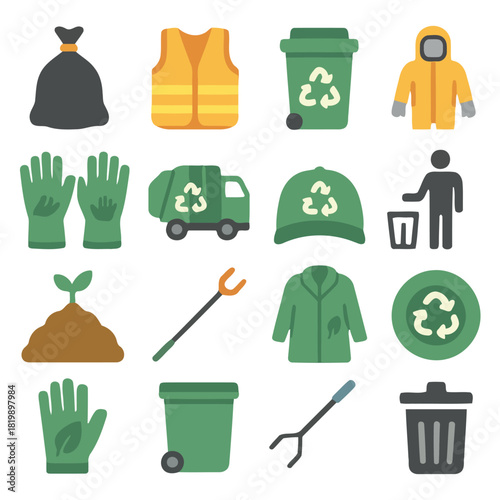 Eco-Friendly Collection: A vibrant assortment of essential tools and equipment representing various facets of sustainable environmental practices, promoting conservation, responsible waste management.