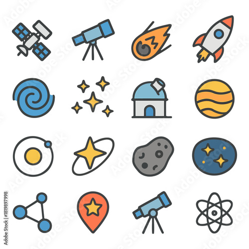 Cosmic Exploration Icons: A vibrant collection of astronomical icons. These icons represent the wonders of space and the tools of exploration.