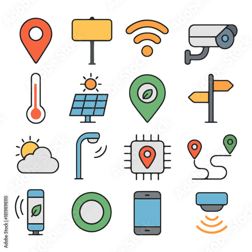 Smart City Icons: A collection of vibrant icons represents the various facets of a smart city. These icons are in a row of digital information, connecting urban life.