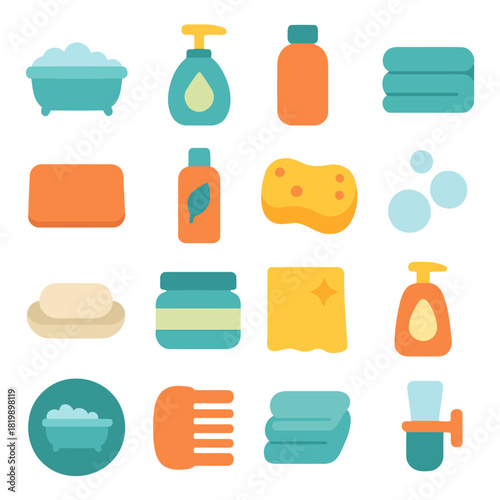 Bathtime Essentials: a vibrant set of bathroom necessities, including a bath, soap, shower gel, towels, washcloth, sponge, and more. Illustrated in a flat style.