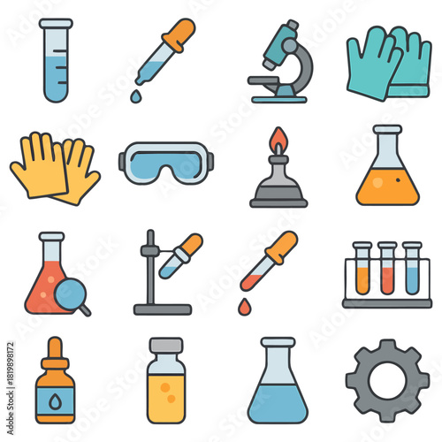Essential Lab Tools: A vibrant collection of lab essentials including test tubes, pipettes, a microscope, goggles, flasks, burner and more, capturing the essence of scientific discovery.